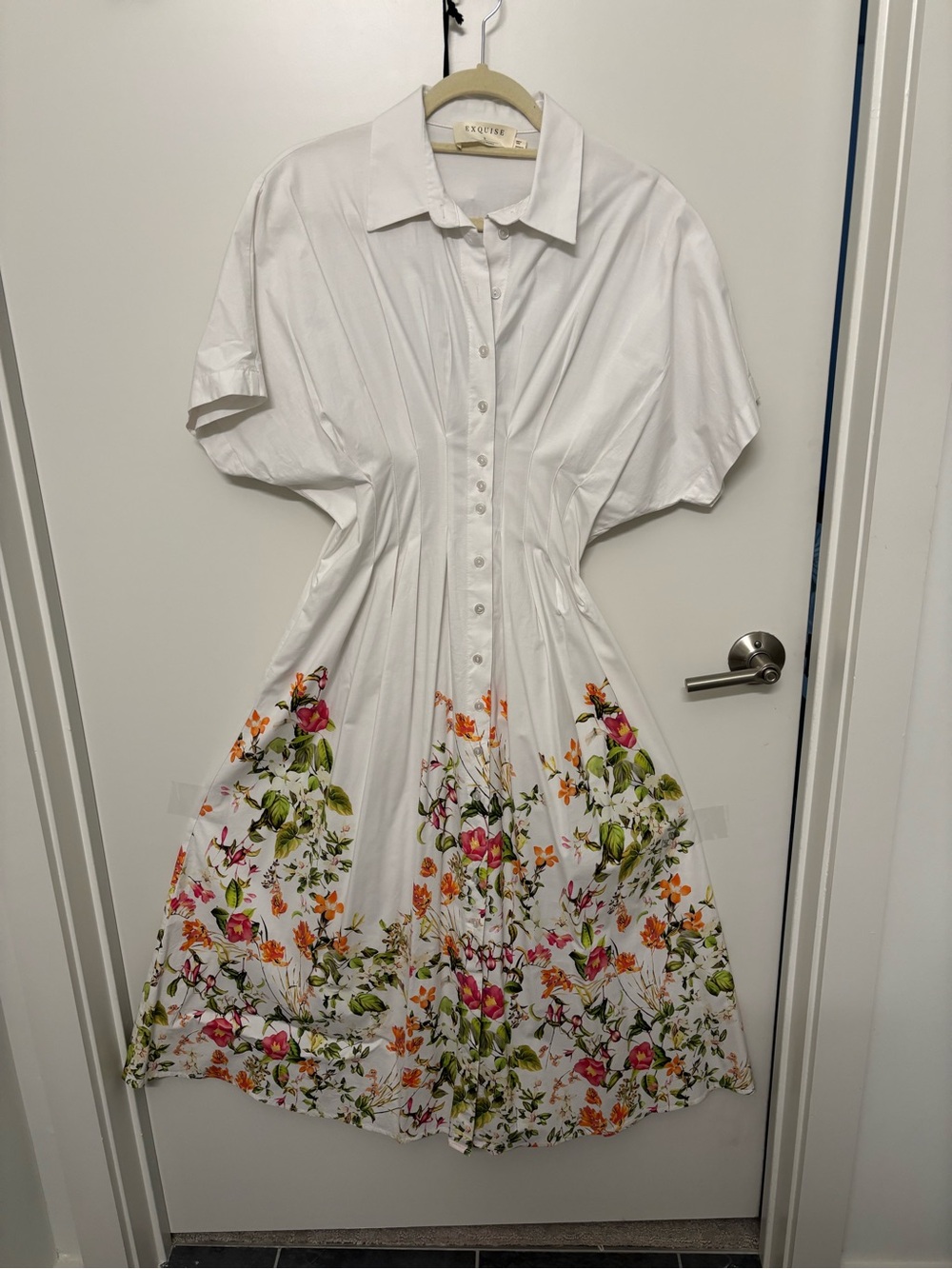 Anthropologie White Midi Shirt Dress with Pink, Orange and Green Floral Hem
